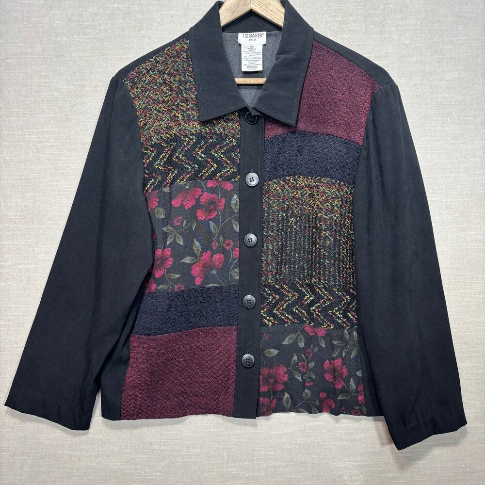 Liz Baker Patchwork Button Top 16P Black Print Long Sleeve Artsy Retro Classic